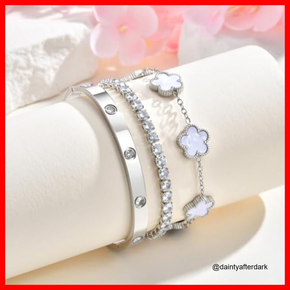 Stackable Floral Silver Bracelets Set - 3pcs Silv… - image 4